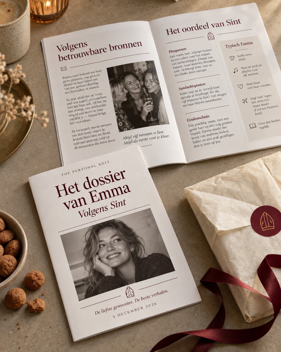 Het Sint-dossier van Emma met de opengeslagen pagina's Volgens betrouwbare bronnen en Het oordeel van Sint, naast een ingepakt cadeau en pepernoten